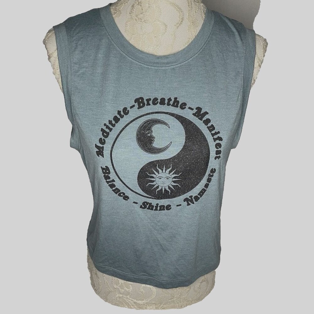 GURU Active W Sz  M Blue Sparkle Moon Sun Meditate Namaste Crop Yoga Tank Top
